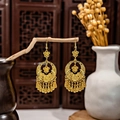 Ethnic bohemian hollow flower tassel earrings in golden finish on rustic branch - E2091-5 Ethnic Flower Tassel