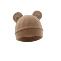 Close-up of brown baby knit hat featuring cute bear ears on a soft fabric texture - One Size / Dark Khaki