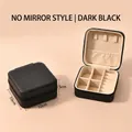 Portable black leather jewelry organizer box with beige velvet interior, size 10x10x5cm - Dark Black (No Mirror)