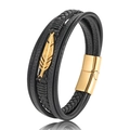 Pulsera multicapa de hombre en cuero trenzado negro con pluma dorada y cierre magnético - 19cm / Dorado