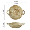 Japanese style stoneware bowl with handles featuring brown swirl patterns and size dimensions - Dark Brush Stroke Double Handle Plate