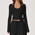 Black long sleeve wrap yoga top with cross tie design and layered halter neck detail - S / Premium Black