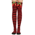 Close-up of red and black striped over-knee socks with green ribbon bow detail - One Size / Red Green Bowknot Decor / Red and Black Stripes