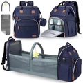 Blue convertible baby diaper bag backpack with integrated portable folding crib and sunshade - Foldable Crib Diaper Bag / Dark Blue