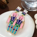 Pink and blue Nutcracker soldier drop earrings with enamel glaze and sparkling rhinestones - Pink Blue Green White