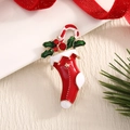 Christmas stocking brooch in red enamel with holly berries and candy cane design - BR0060-Classic Christmas Sock