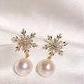 Elegant gold snowflake earrings with large pearls and sparkling zircons for women - Snowflake Pearl Studs