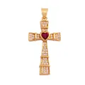 Ciondolo a croce religiosa placcato oro con pavé di zirconi e pietra cuore rosso - Rosso-M41C2926