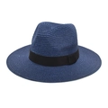 Detailed close-up of dark blue woven straw Fedora hat featuring a classic black ribbon band - Navy Blue