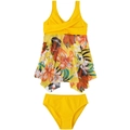 Three-piece girls' mustard yellow tropical floral tankini with mesh skirt and high waist briefs - 152 / Yellow Mesh