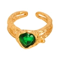 Anello vintage dorato regolabile con pietra a cuore verde e metallo martellato - Taglia 7 / Stile Cuore Pietra di Vetro Verde (A505) / Oro