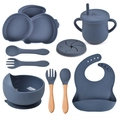 11-piece dark blue silicone baby feeding set with car-shaped plate and suction bowl - Full Tableware Set (Deep Blue/Y10)