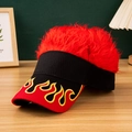 Black sun visor featuring vibrant red wig hair and embroidered flame patterns - Black + Red Hair