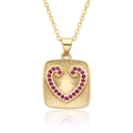 Detail of square gold pendant with purple zircon heart and radial engraved sunburst design - Square Purple Zirconia Style (c552)