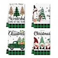Set of 4 Christmas kitchen towels with festive prints and holiday greetings on white - Gnome and Truck English Style (MJBT66-83) / 4 Pieces/Pack (40*60cm)