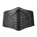 Vintage black corset belt for women featuring lace-up front and elastic waist band - Lace-up Style