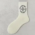 Breathable cotton crew socks in cream white with black gothic cross embroidery detail - One Size / Retro Letter Style 7 (Cross)
