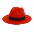 British style red fedora wool felt hat with black ribbon band for men and women - M (56-58cm) / Bright Red