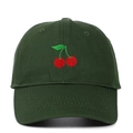 Close-up of cherry embroidery on a dark green cotton baseball cap with fine stitching - Adjustable / Army Green
