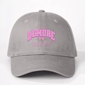 Grey vintage baseball cap with pink embroidery saying Very Demure Very Mindful - Adjustable / Gray