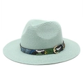Detail of mint green fedora straw hat with snake print leather band and golden buckle - M (56-58cm) / Mint Green