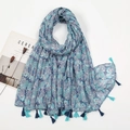 Close-up of blue and purple paisley print cotton linen scarf with soft fringe edges - Blue Purple Paisley Floral Style (XB1010)