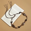 Bohemian braided waist chain with dark wood charms, orange flowers and tassel details - Dark Brown Woven Rectangle Wood Flower (X502-12)