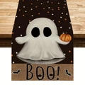 Detail of Halloween ghost and pumpkin pattern with BOO lettering on linen table runner - Linen Texture Ghost Pumpkin BOO Pattern