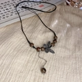 Vintage style lotus fan necklace with butterfly pendant on black braided rope cord - Deep Brown Butterfly Tassel Style