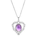 Retro heart-shaped purple amethyst stone pendant necklace with silver chain on white background - Purple Amethyst