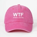 Detailed close-up of pink washed cotton baseball cap with white WTF lettering - Rose Red