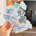8-piece set of light blue kids hair clips with bows and floral fabric designs - Bowknot Hair Clip Set (With Cardboard) / Set of 8 / Blue (6#)