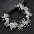 Handmade bridal headband with white pearls, blue flowers and golden leaves for weddings - Green