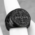 Matte black stainless steel St. Benedict medal ring with vintage cross engraving - US 12 / Black