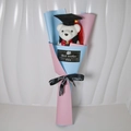 Detail of graduation plush bear bouquet with blue and pink paper and Best Wishes tag - Tiffany Blue