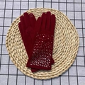 Winter thermal knit gloves for women in red with rhinestones and flower touch-screen detail - One Size / Burgundy