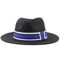 Detail of black woven straw fedora hat with blue and white striped band for beach sun protection - M (56-58cm) / Navy Blue