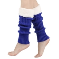 Blue knitted leg warmers with white faux fur trim shown on legs against a white background - One Size / Bright Royal Blue