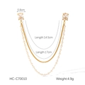 Broche double chaîne dorée avec cristal carré et perles, montrant longueurs 17cm et 14,5cm - Style Cristal Carré Transparent Perle Dorée (HC-C70010)