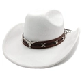 Detail of white western cowboy hat featuring leather band with silver bull head emblem - M (56-58cm) / White
