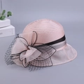 Elegante cappello da sole in organza rosa con fiocco in rete nera per donna - Taglia unica / Champagne