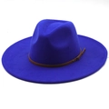 Close-up of royal blue wool fedora with wide brim and brown leather buckle strap - Sapphire Blue