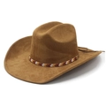 Classic brown suede western cowboy hat with ethnic beaded band and wide brim on white - M (56-57cm) / Khaki