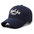 Navy blue cotton baseball cap with white letter embroidery and distressed brim detail - Navy Blue