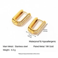 Vintage 18k gold plated stainless steel U-shaped hoop earrings with clear zircon stones - U-Shaped Pave Rhinestone Style (YE38_1)