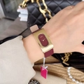 Elegant rectangle gold watch with wine red leather strap and oval dial for women - Square Glossy Case