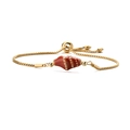 Close-up of gold adjustable chain bracelet with red dotted ceramic conch beads - Red + Stainless Steel