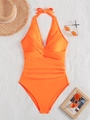 Bright orange one-piece swimsuit with halter neck, bow detail, and tummy control ruching - Orange
