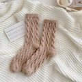 Thick cable knit winter socks in light camel color with plush warm texture - One Size / Brown
