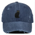 Distressed dark blue washed denim baseball cap with cartoon black cat embroidery - Navy Blue